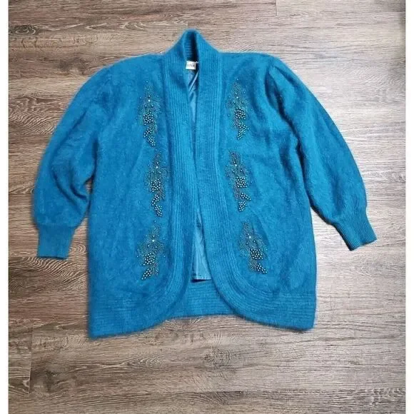 Jamie Teal Blue Angora Open-Front Long-sleeve Cardigan/Sweater Medium - Picture 1 of 16